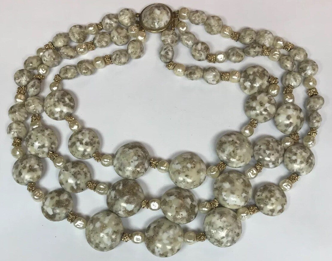 Vintage Gold Tone Pearl Nugget Lucite Faux Agate Bead Three Strand Drop Necklace