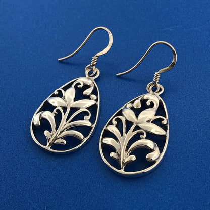 Stunning Sterling Silver 925 Oval Openwork Floral Sprout Dangle Hook Earrings