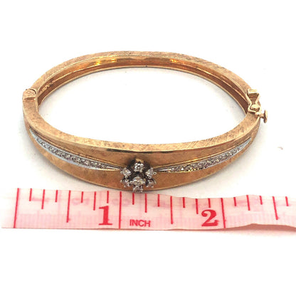 Vintage 14K Yellow Gold Round Diamond Flower Textured Hinged Bangle