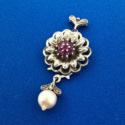 Vintage 18k White Gold Round Ruby White Pearl Flower Bracelet Necklace Clasp