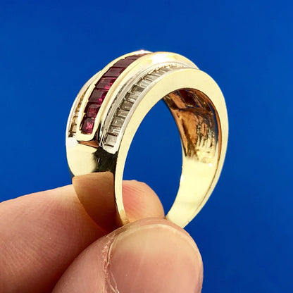 Vintage SRT 14K Yellow White Gold Diamond Ruby Channel Set Tapered Band Ring