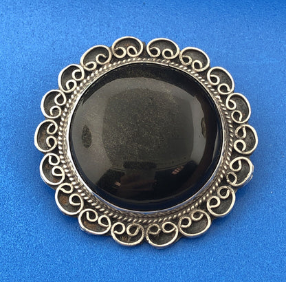 Vintage Taxco JV Sterling Silver 925 Gold Sheen Obsidian Statement Pin Pendant