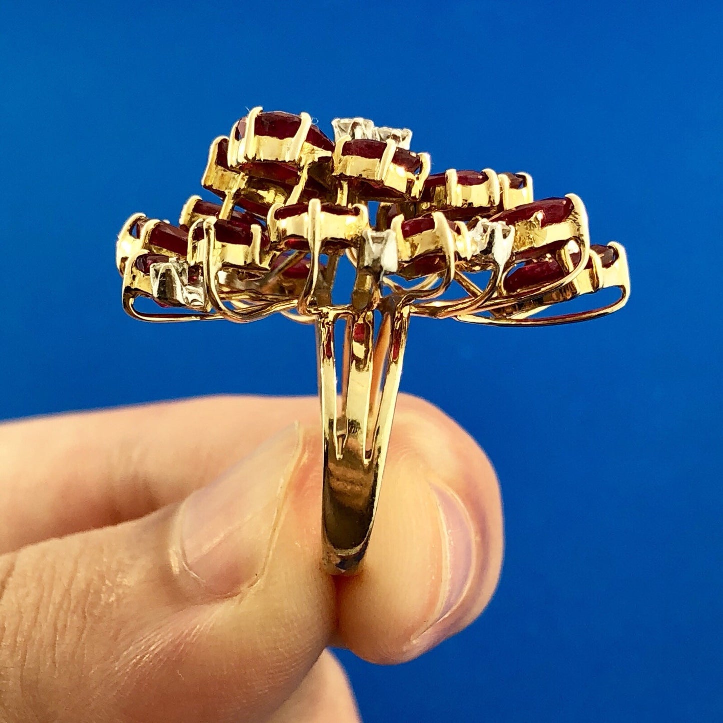 Exquisite Vintage 14K Yellow Gold Ruby Diamond Cluster Statement Cocktail Ring