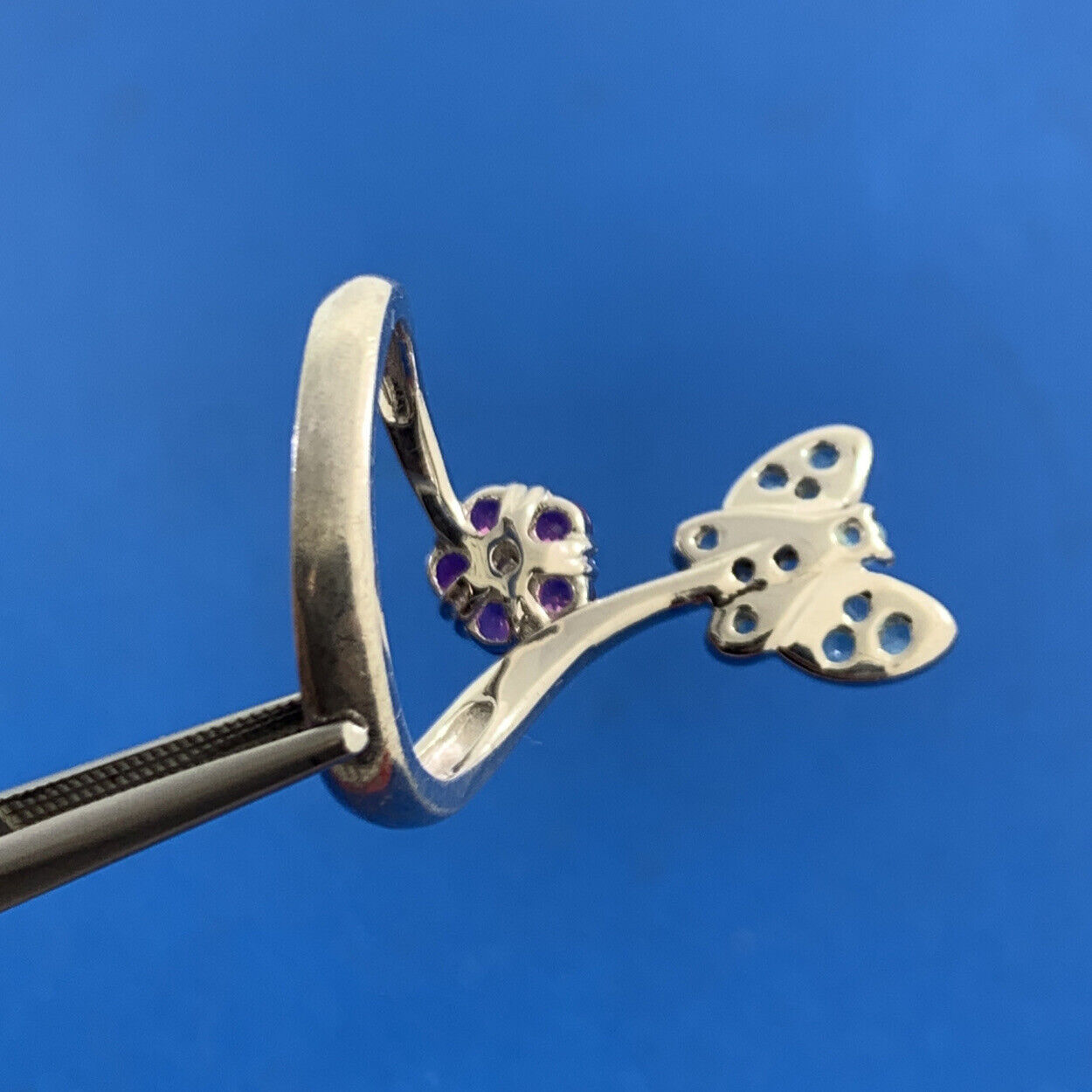 Designer Sterling Silver Pink Blue Cubic Zirconia Butterfly Flower Bypass Ring