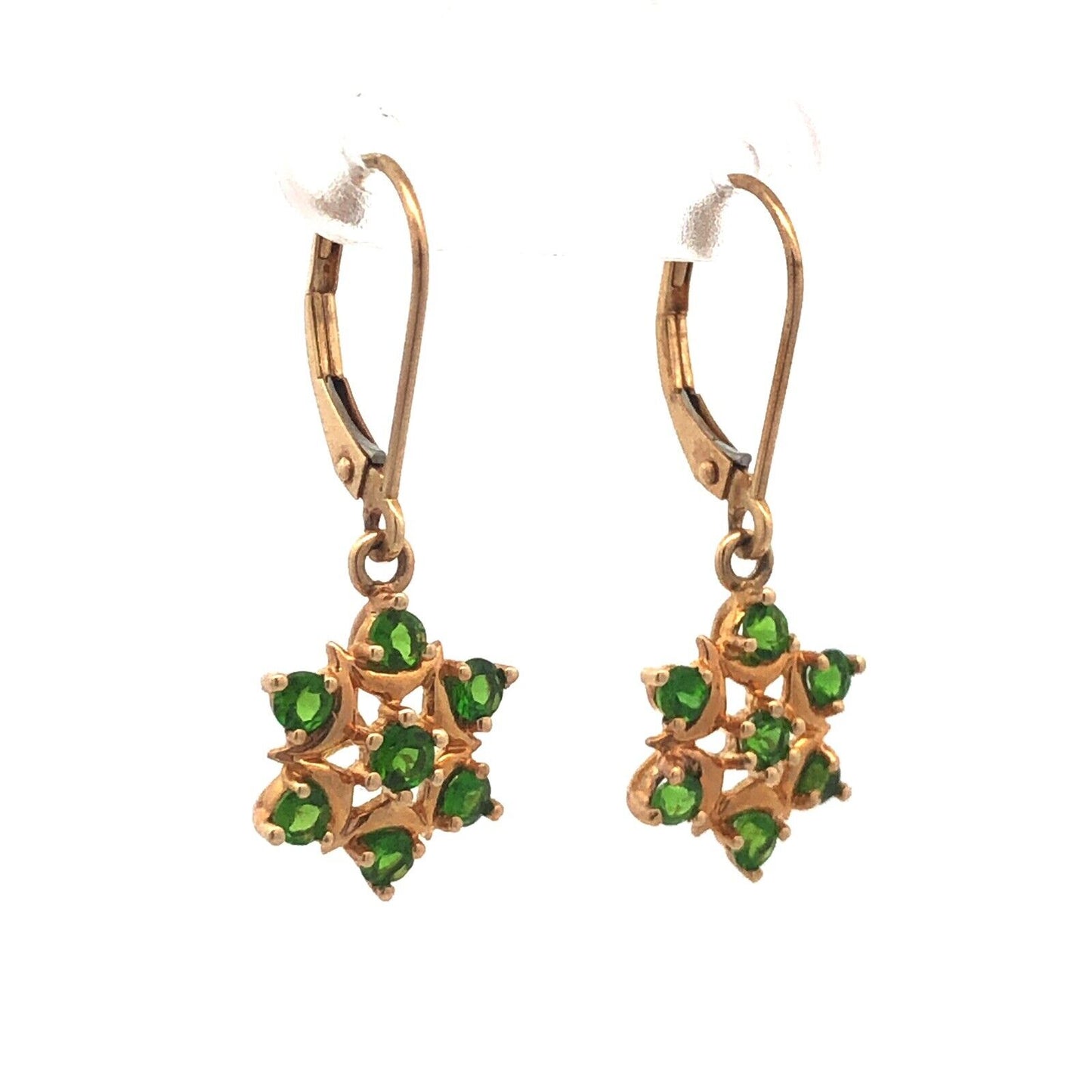 14K Yellow Gold Round Green Tourmaline Flower Leverback Dangle Earrings