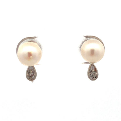 Estate 14K White Gold Round White Pearl Diamond Accent Screw Clip-on Earrings