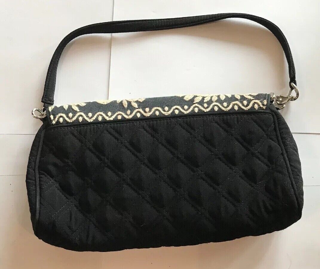 Vera Bradley Black Quilted Microfiber White Embroidered Clutch With Straps