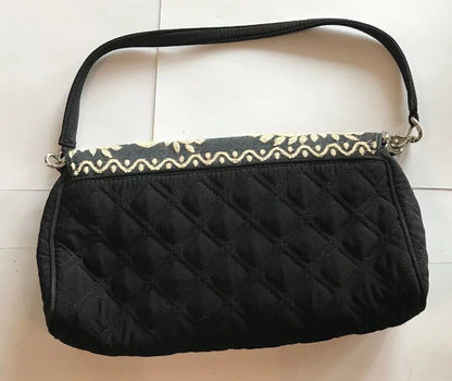 Vera Bradley Black Quilted Microfiber White Embroidered Clutch With Straps