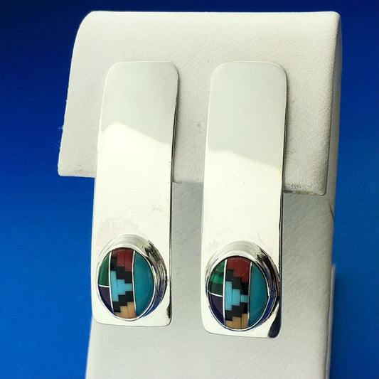 Navajo Designer Willie Saiz Sterling Silver 925 Multi-Stone Inlay Stud Earrings