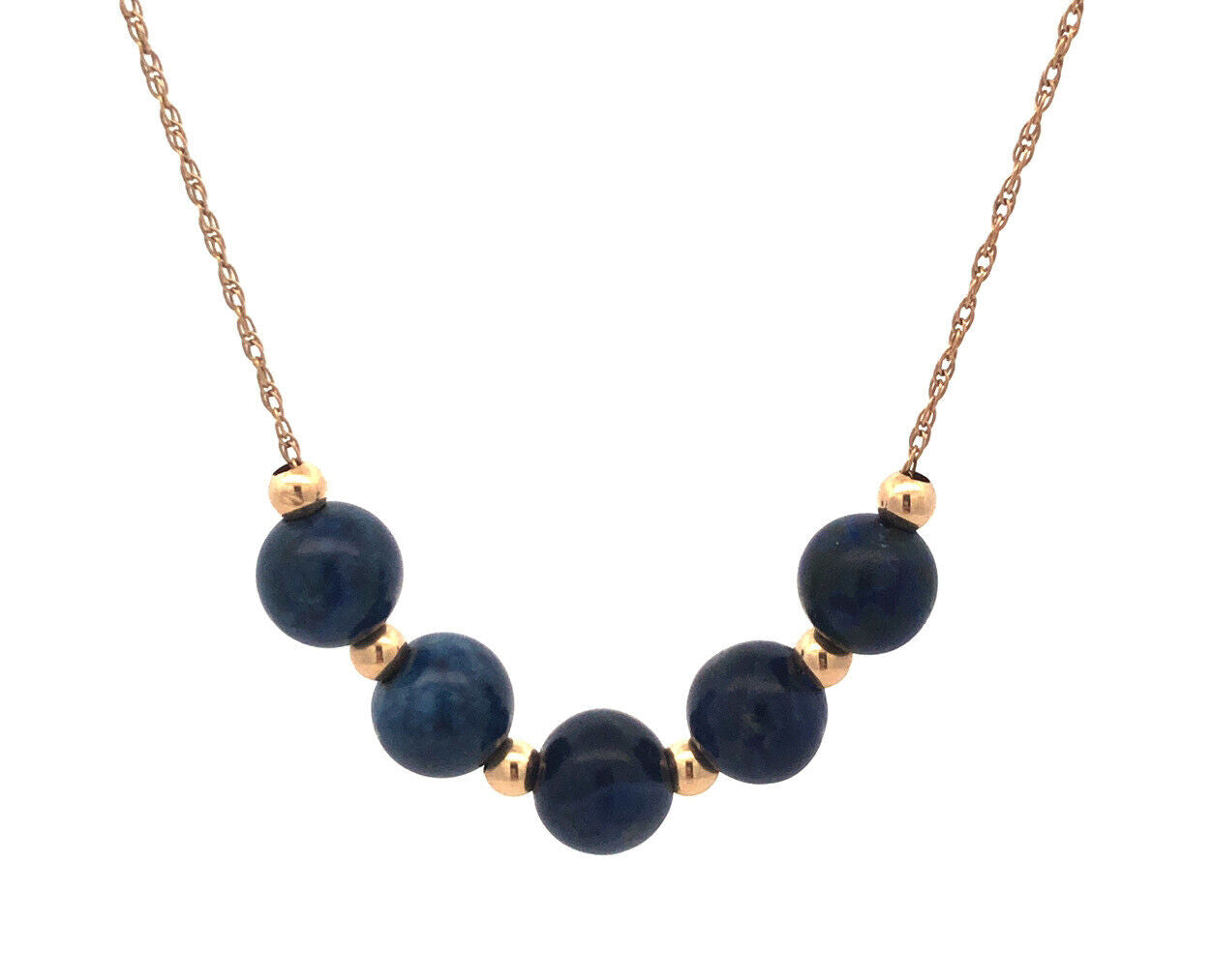 Designer 14K Yellow Gold Round Lapis Lazuli Beaded Chain Necklace