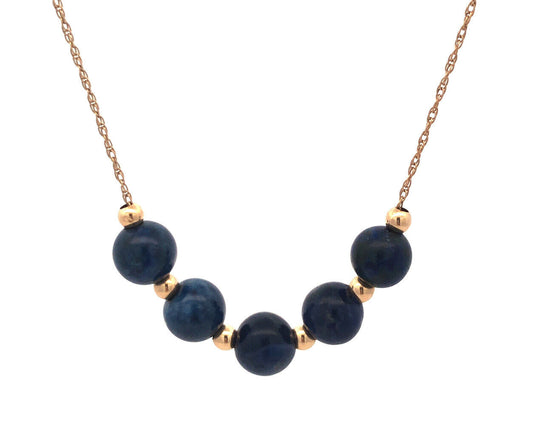 Designer 14K Yellow Gold Round Lapis Lazuli Beaded Chain Necklace