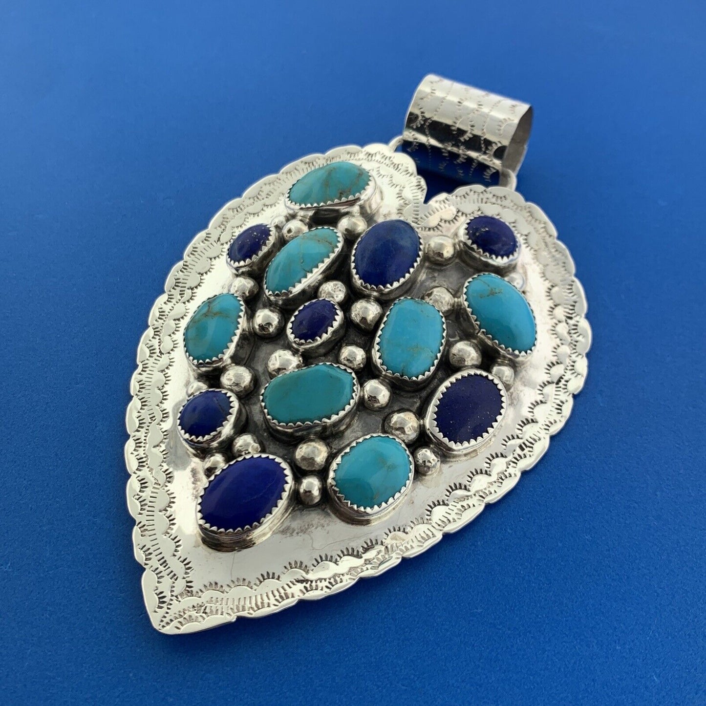 Navajo ES Elaine Sam Sterling Silver 925 Lapis Lazuli Turquoise Pendant