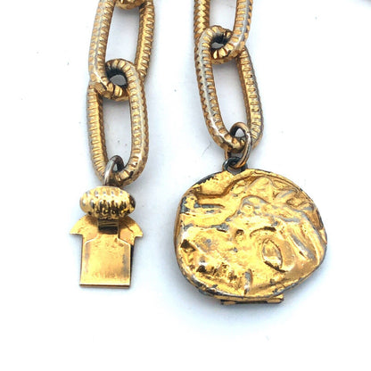 Vintage Gold Tone Paper Clip Chain Faux Ancient Coin Clasp Statement Necklace
