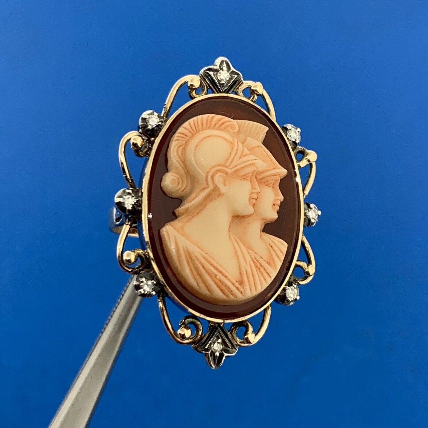 Vintage 14K Yellow Gold Double Carved Soldier Cameo Diamond Accent Etruscan Ring