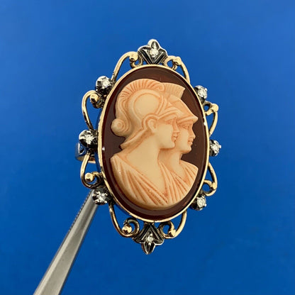 Vintage 14K Yellow Gold Double Carved Soldier Cameo Diamond Accent Etruscan Ring