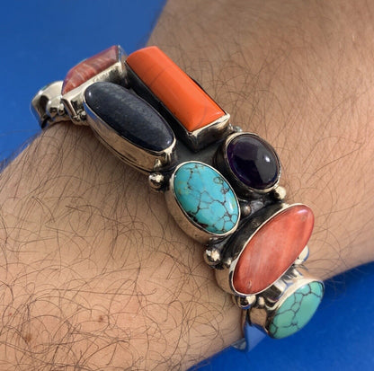 Sam Piaso Zuni Sterling Silver Turquoise Multi Gemstone Statement Cuff Bracelet