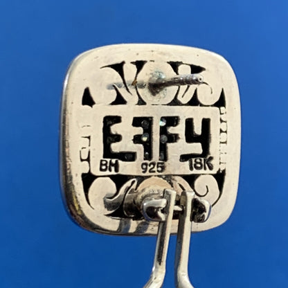 Designer EFFY Sterling Silver 18K Gold Pave Diamond Square Omega Back Earrings