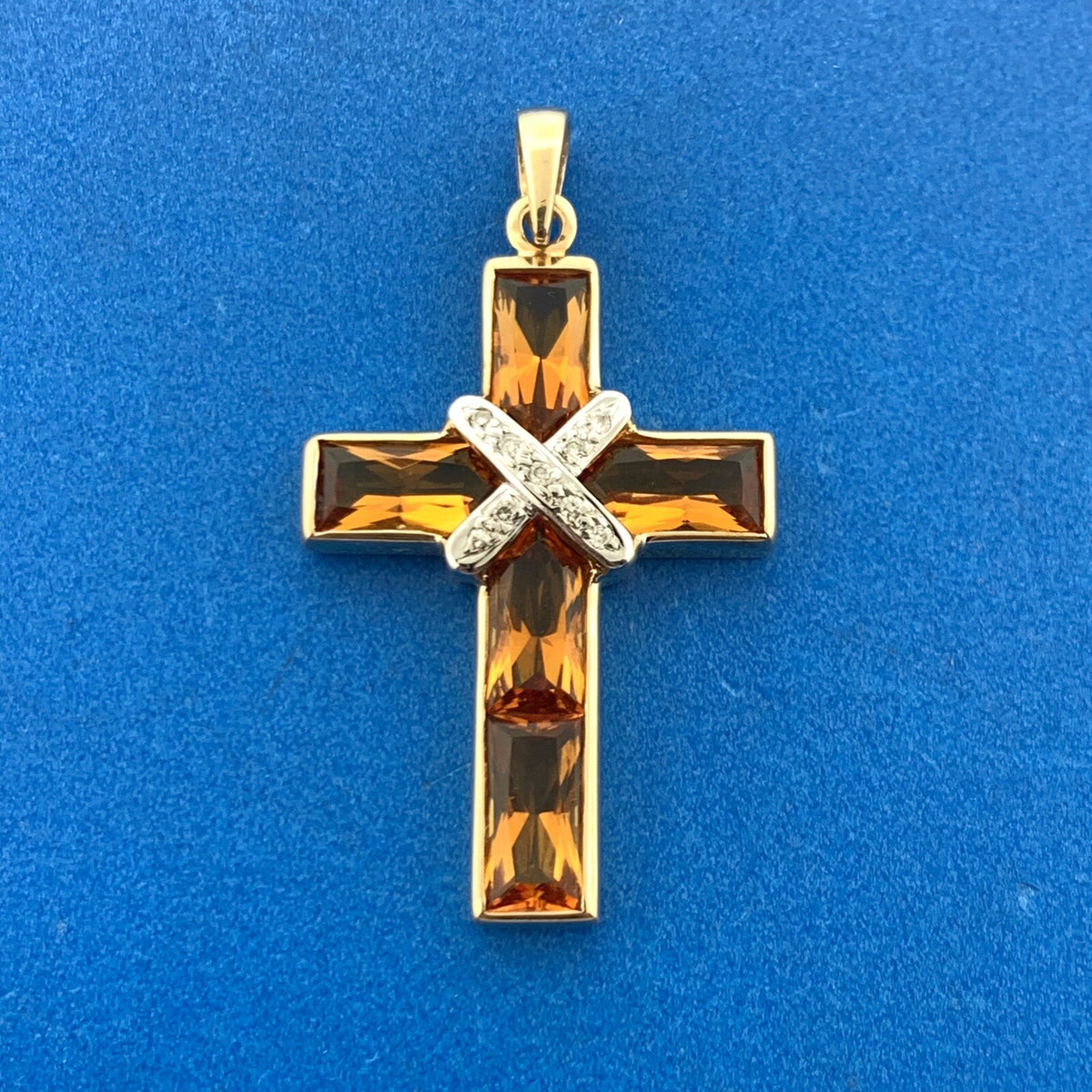 Designer 14K Yellow White Gold Citrine Diamond Accented Statement Cross Pendant