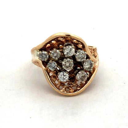 Estate 14K Yellow Gold Round Diamond Cluster Nugget Statement Ring
