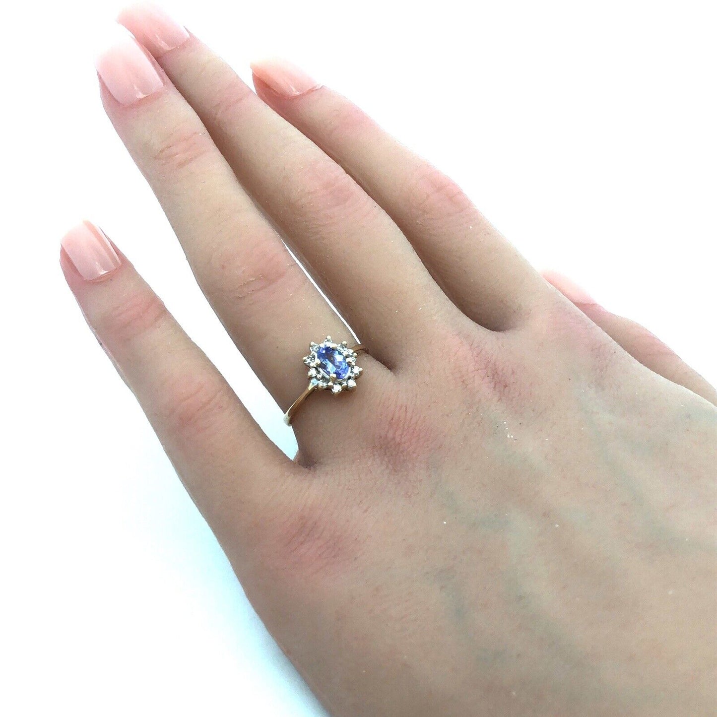 Designer AV 10K Yellow Gold Oval Tanzanite Diamond Halo Cocktail Ring