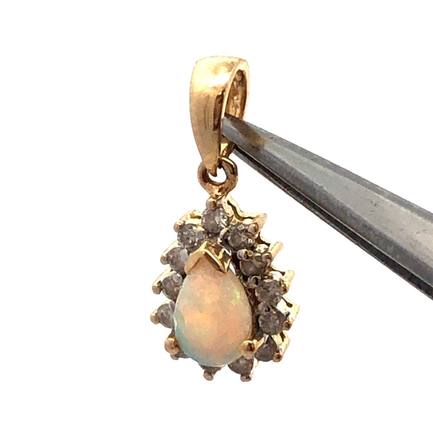 Designer EC 14K Yellow Gold Pear Cut White Opal Diamond Halo Pendant