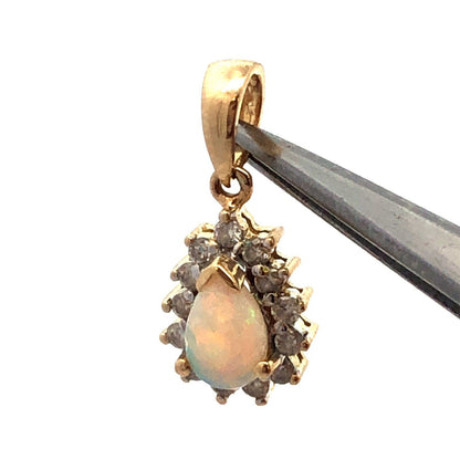 Designer EC 14K Yellow Gold Pear Cut White Opal Diamond Halo Pendant