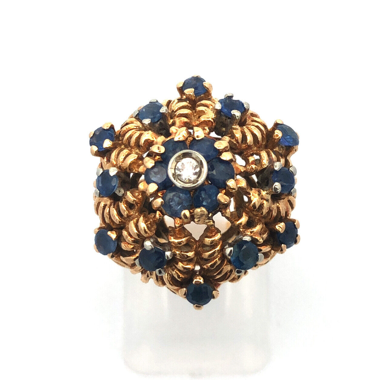 Vintage 18K Yellow Gold Sapphire Diamond Empire Tower Statement Cocktail Ring