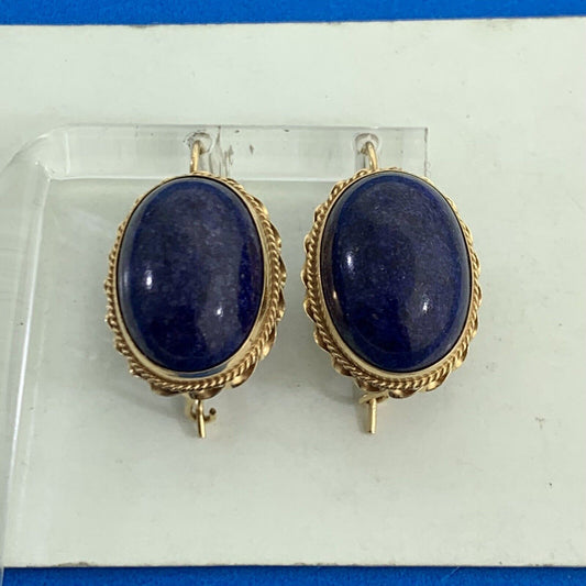 Vintage 14K Yellow Gold Lapis-Lazuli Oval Cabochon Statement Drop Stud Earrings