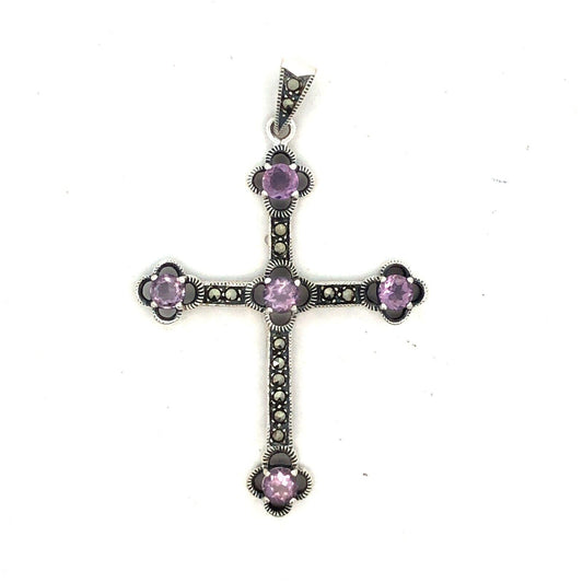 Vintage 925 Sterling Silver Round Amethyst Marcasite Statement Cross Pendant