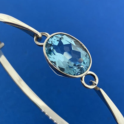 Designer 925 Sterling Silver Oval Blue Topaz Solitaire Statement Cuff Bracelet