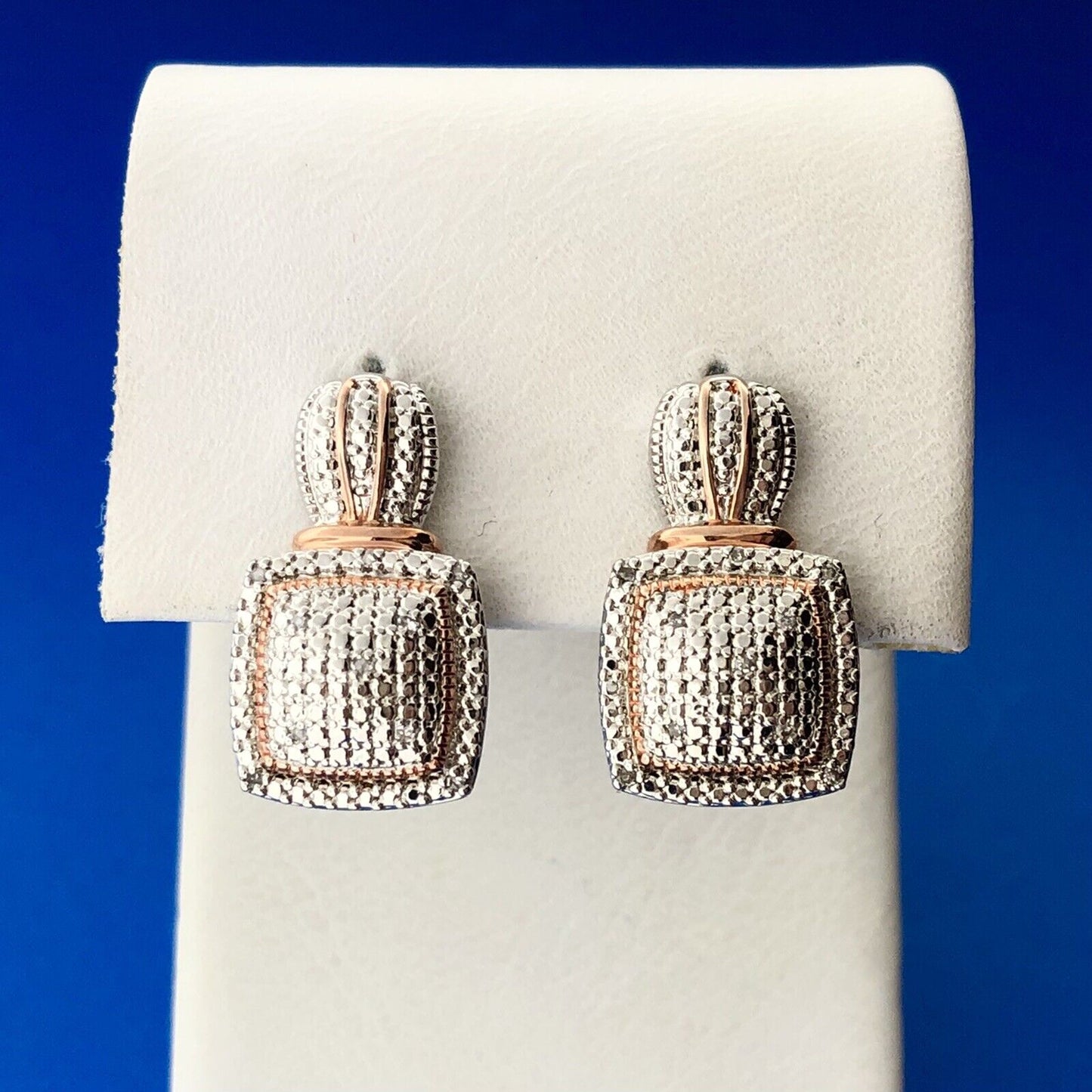 Designer SUN Silver Rose Toned Accent Pave Diamond Lever Back Earrings