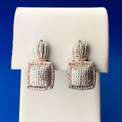 Designer SUN Silver Rose Toned Accent Pave Diamond Lever Back Earrings