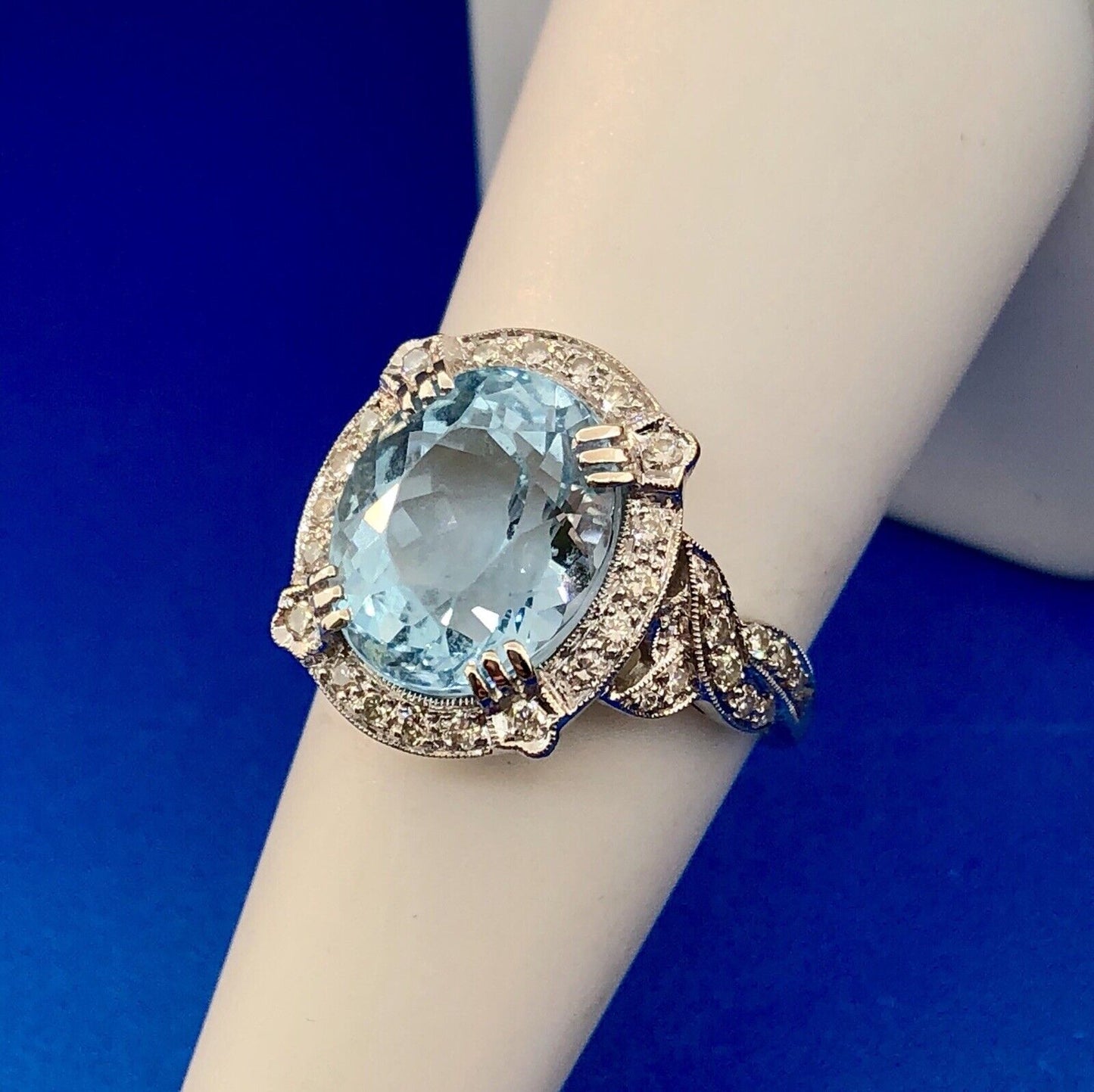 Lovely 18K White Gold Swiss Blue Topaz Diamond Halo December Statement Ring