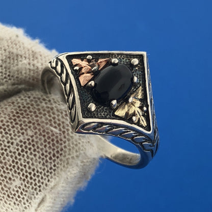 Sterling Silver CCO Coleman Black Onyx Ring with 12k Rose & Yellow Leaf Design