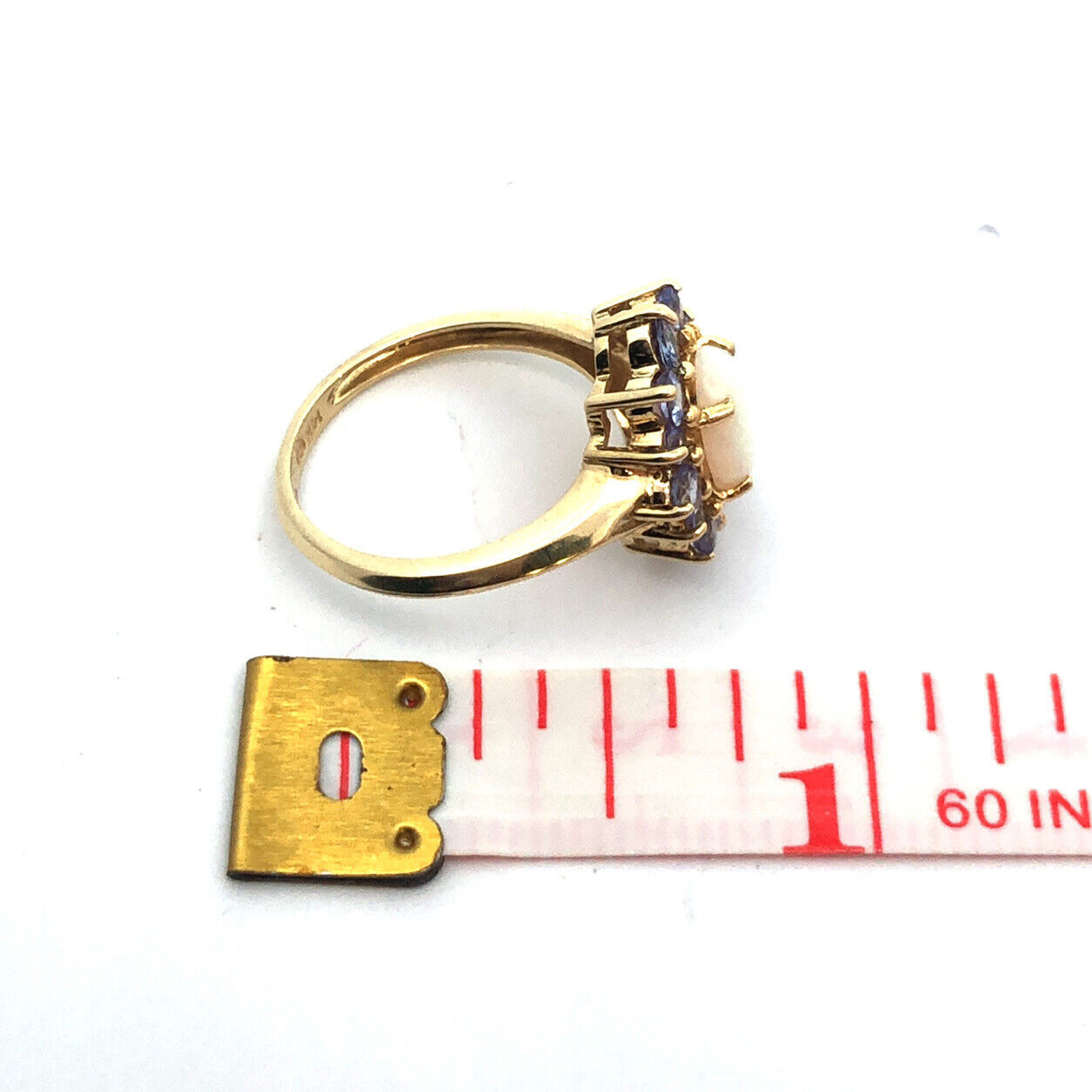 Designer 14K Yellow Gold Oval Opal Tanzanite Halo Statement Cocktail Ring