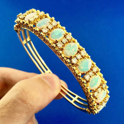 Vintage Jack Gutschneider 14k Yellow Gold Filigree Opal Diamond Cuff Bracelet