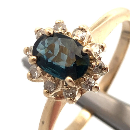 Estate 14K Yellow Gold London Blue Topaz Diamond Halo Cocktail Anniversary Ring