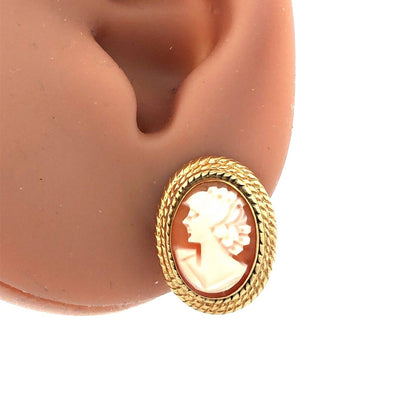 Vintage 14K Yellow Gold Oval Carved Cameo Stud Earrings
