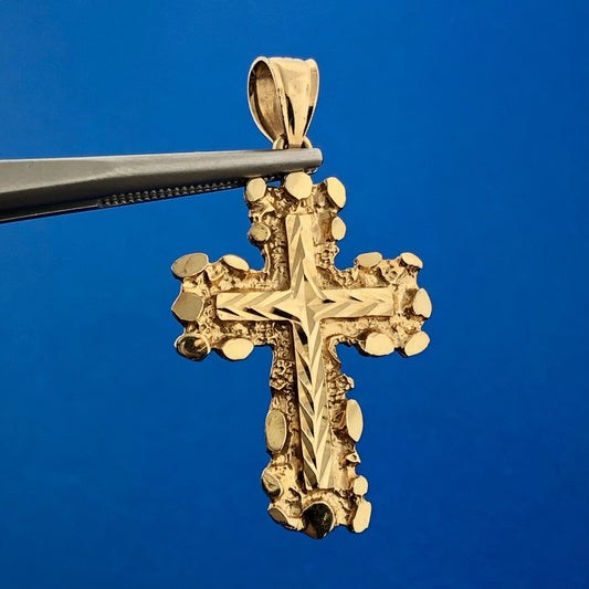 Retro 14K Yellow Gold Nugget Diamond Cut Cross Religious Communion Pendant