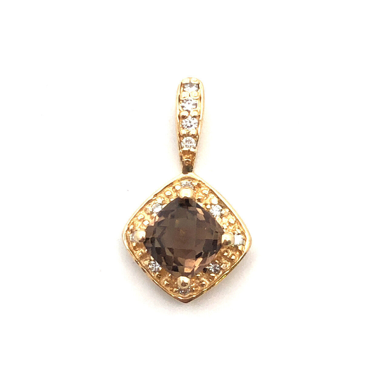 Designer  14K Yellow Gold Cushion Cut Smokey Quartz Diamond Accents Pendant