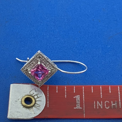 Designer 10K White Gold Princess Pink Sapphire Diamond French Hook Earrings