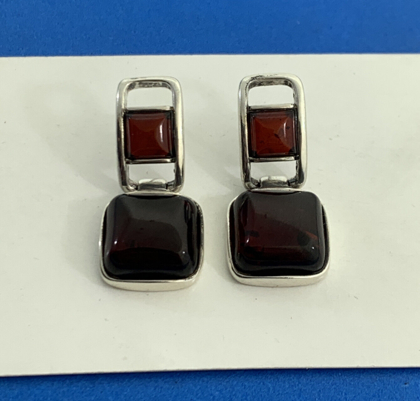 Modernist 925 Sterling Silver Garnet Cabochon Statement Dangle Stud Earrings