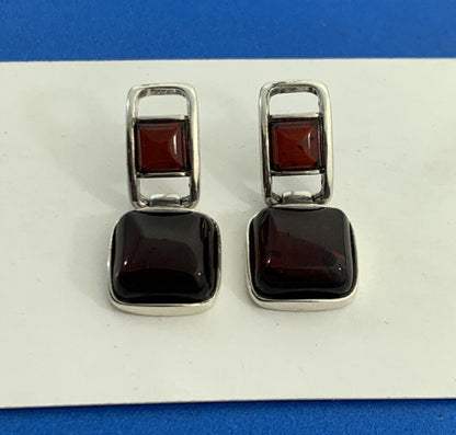Modernist 925 Sterling Silver Garnet Cabochon Statement Dangle Stud Earrings