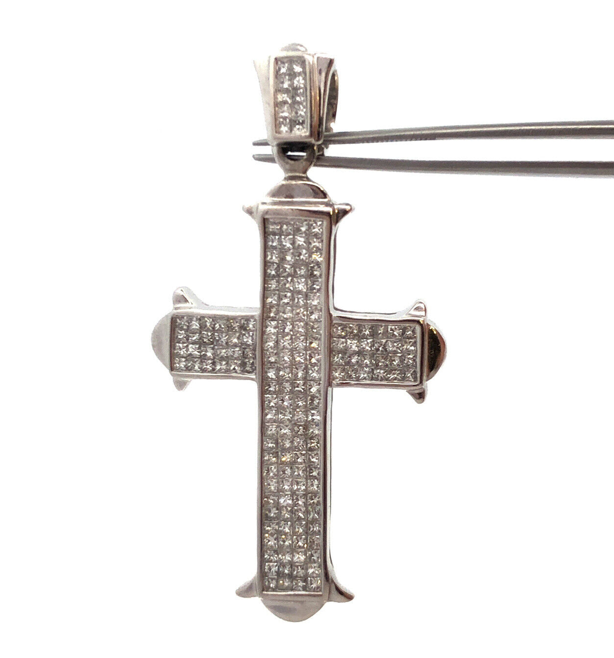 14K White Gold Princess Cut Diamond Statement Cross Pendant