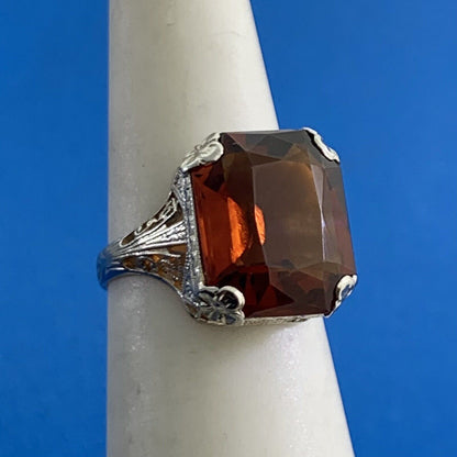 Vintage 18K White Gold Radiant Orange Tourmaline Open Filigree Cocktail Ring