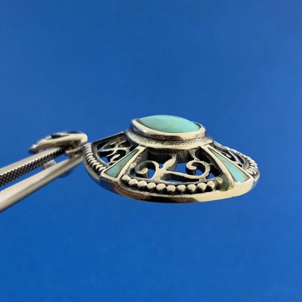 Balinese Style 925 Sterling Silver Pear Turquoise Bead And Scroll Pendant