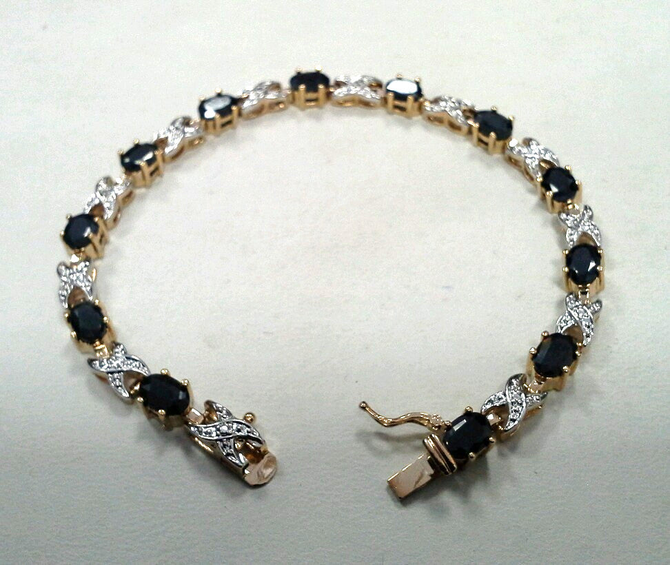 Retro Sterling Silver Vermeil 925 Oval Sapphire X O Two Toned Tennis Bracelet