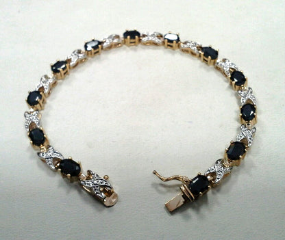 Retro Sterling Silver Vermeil 925 Oval Sapphire X O Two Toned Tennis Bracelet