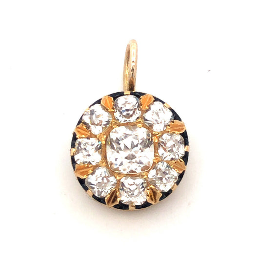 Estate 14K Yellow Gold Cubic Zirconia Cluster Enamel Round Pendant