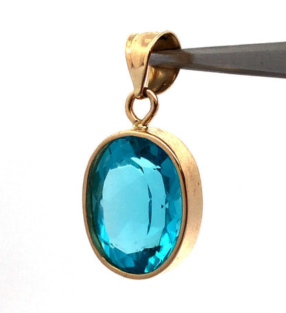 Designer H 14K Yellow Gold Oval Blue Cubic Zirconia CZ Solitaire Bezel Pendant